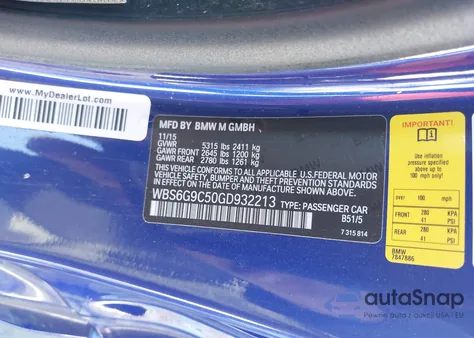 2016 BMW M6 z USA, uszkodzony, nr VIN WBS6G9C50GD932213